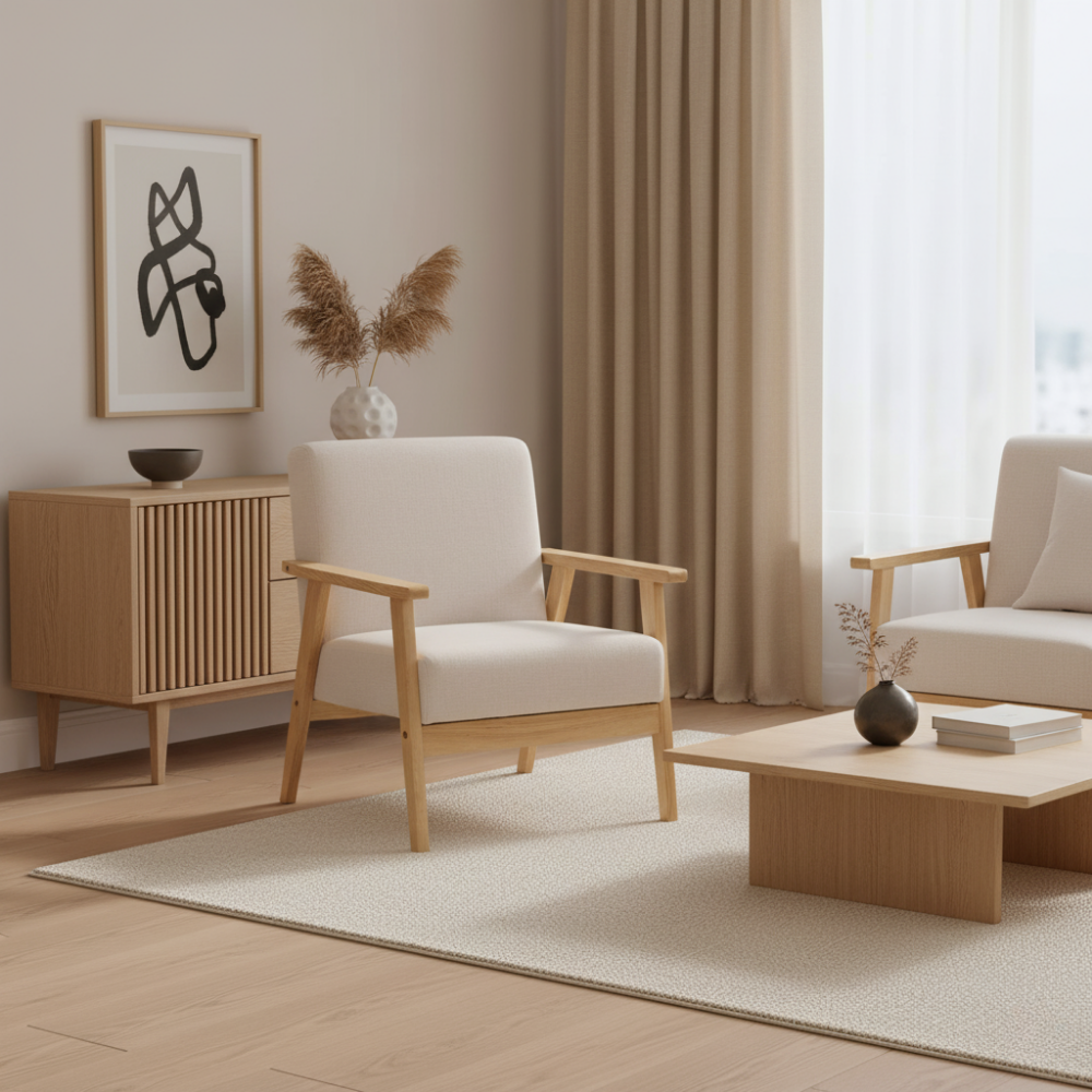 Solid wood frame with fabric upholstery armchair