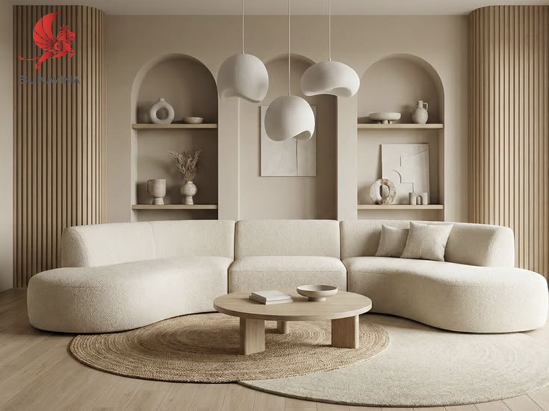 Curved Beige Sofas for a Perfect Warm Minimalism Living Room