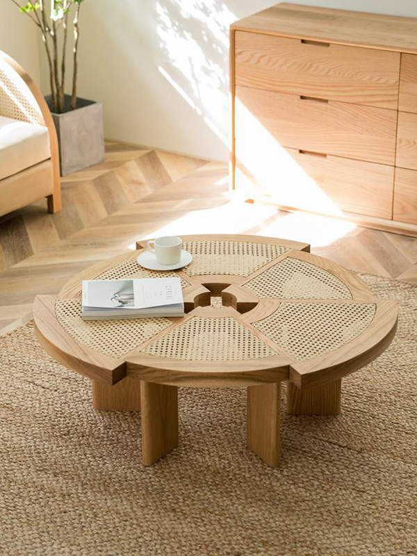 Warm wood surface modular coffee table with matte neutral finish and natural texture