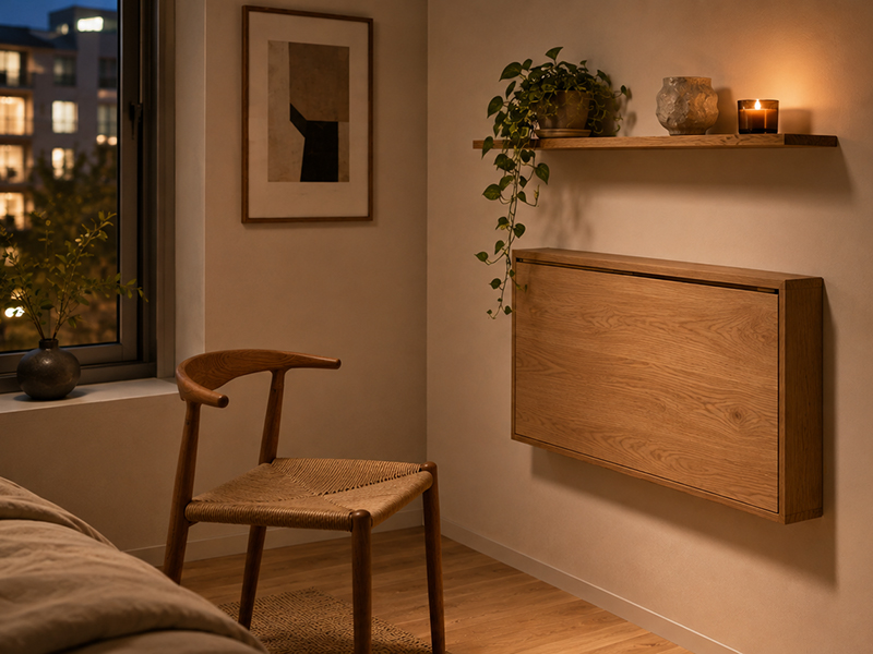 Compact warm minimalist WFH nook with styled open shelves above a wall mounted folding desk