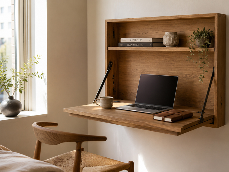 Wall mounted folding desk in a warm minimalist apartment under 50m² with oak veneer surface
