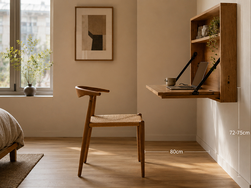 Ergonomic wall mounted folding desk setup at correct 72-75cm height in compact apartment